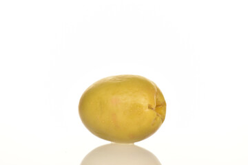 Green olive without pits, close-up, on a white background.