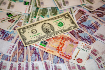 Modern cash Russian rubles. Paper bills laid out on the table