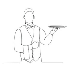 A waiter brought the tray. Continuous single line illustration drawing vector