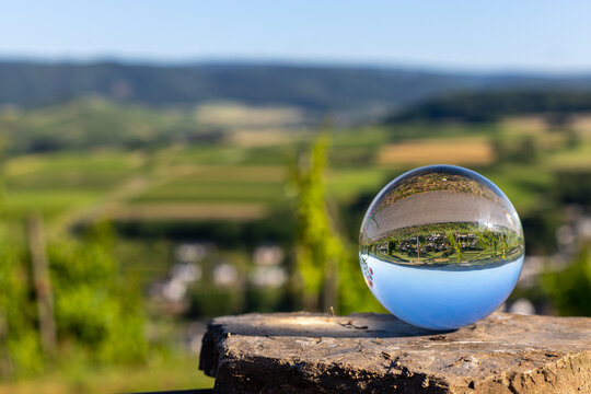 Crystal Ball On Shale Stone With River Moselle Valley