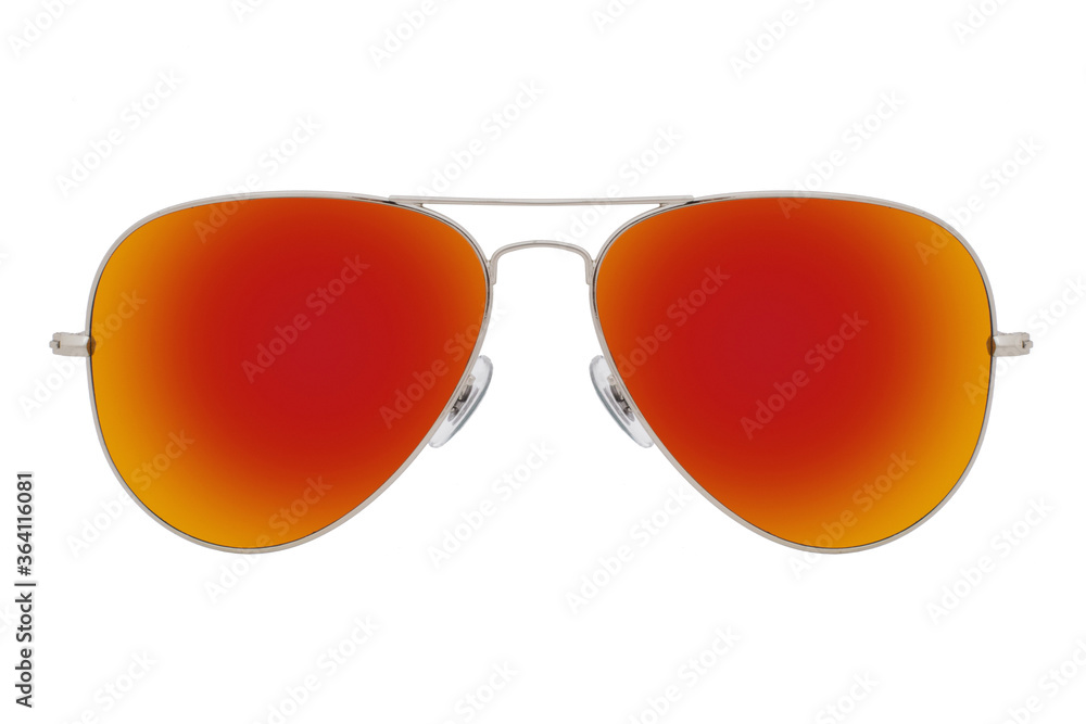 Poster sunglasses with a silver frame and red lens isolated on white background.