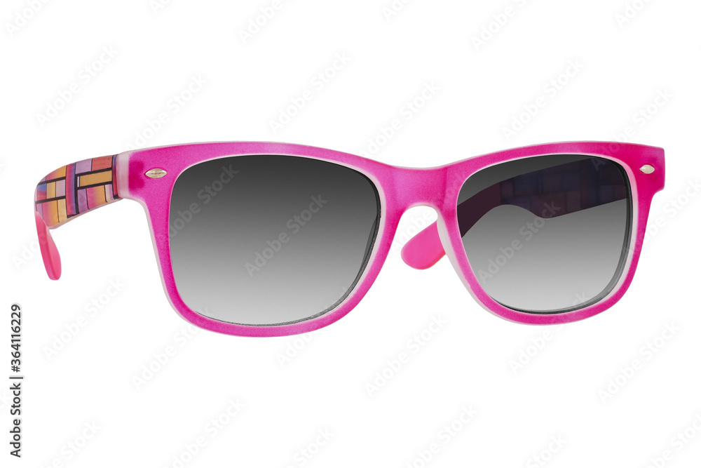 Sticker sunglasses with a pink plastic frame and black lenses isolated on white background.