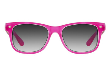 Sunglasses with a pink plastic frame and black lenses isolated on white background.
