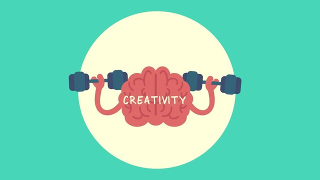 Cartoon a brain character lifting two dumbbells