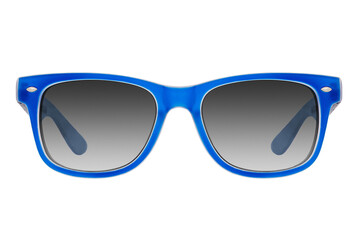 Sunglasses with a blue plastic frame and black lenses isolated on white background.