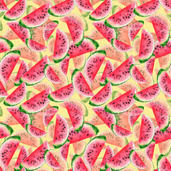 Watercolor watermelon slice fruit berry seamless pattern texture background