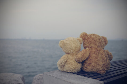 Two brown teddy bears so cute sitting on wooden chair looking to the sea. Concept love, Valentine's day. Picture style old retro vintage.