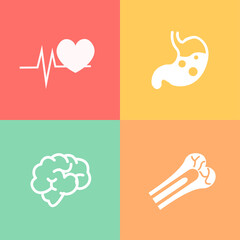 Medical body system icons, pulse stomach brain, and bone icons.