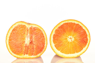 Fototapeta na wymiar Juicy organic oranges, close-up, isolated on white.
