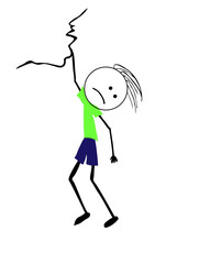 Simple vector illustration of scared climber hang by hand on rock. Green shirt, blue shorts. Isolated on white background. 
