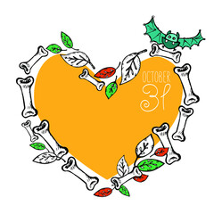 Vector print heart for Halloween on October 31 is laid out with bones with leaves and a bat, isolated vector illustration, poster for printing on t-shirts, textiles, invitations, in advertising . Dood