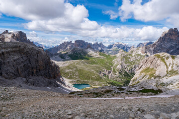 View of the Sesto (Sexten) Dolomites mountains as seen from the trekking trail to Pian di Cengia refuge cengia lake, Dolomites, South, Tirol, Italy.