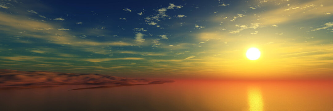 panorama of the ocean sunset, sea sunset, the sun in the clouds over the water, 3D rendering