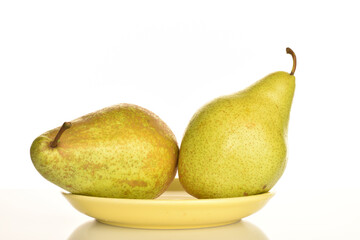 Ripe sweet green pears, close-up, isolated on white.