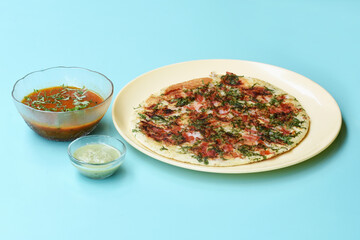 South Indian Food Uttapam Also Known As ooththappam, Rava Uttapam, Uttapa or Uthappa is a Popular South Indian Delicious Spicy Breakfast Snack Served with Coconut Chutney and Sambar