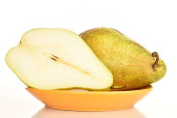 Ripe sweet green pears, close-up, isolated on white.