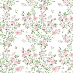 Seamless pattern of bouquets of roses drawn by pencil and paints on paper