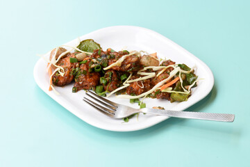 Chilli paneer or Spicy cottage cheese, Garnish with capsicum, onion,cabbage and spring onion, favourite indian starter menu, served in white Dish,selective focus