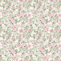 Seamless pattern of bouquets of roses drawn by pencil and paints on paper