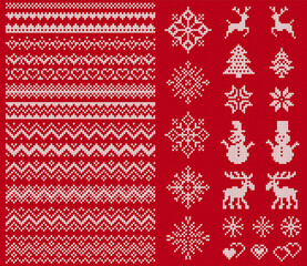 Knit sweater elements. Vector. Christmas seamless borders. Fairisle ornaments. Scandinavian pattern with snowflake, reindeer, tree, snowman. Red white texture. Knitted print. Xmas, winter illustration