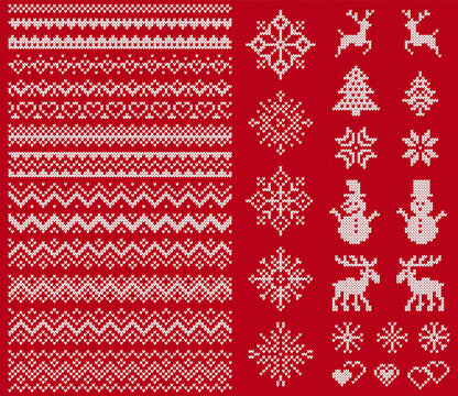 Knit Sweater Elements. Vector. Christmas Seamless Borders. Fairisle Ornaments. Scandinavian Pattern With Snowflake, Reindeer, Tree, Snowman. Red White Texture. Knitted Print. Xmas, Winter Illustration