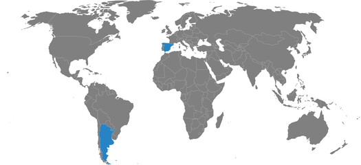 Spain, Argentina countries isolated on world map. Gray background. Business concepts, travel and transport relations.