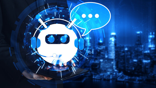 AI Chatbot smart digital customer service application concept. Computer or mobile device application using artificial intelligence chat bot automatic reply online message to help customers instantly.