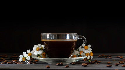 Hot coffee in a coffee cup and roasted coffee beans with flowers beside the cup on a dark tone wood floor and copy space.