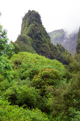 Iao Needle is a landmark rock ledge inside Iao Valley State Park with lush evergreen rainforest...