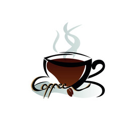 Coffee Logo. Fresh Hot Coffee Cup with Smoke. Vector Illustration. Decorative Design for Cafeteria, Posters, Banners, Cards, cafe