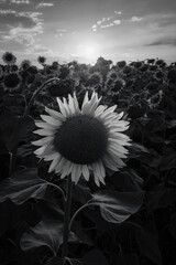 One sunflower in black and white