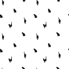 Black cats seamless pattern. Cat silhouette sitting and standing on white background. Textile, fabric or wrapping paper design. - Vector illustration