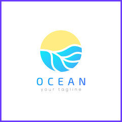 Ocean waves with sun. Simple and modern logo design. Abstract shape.