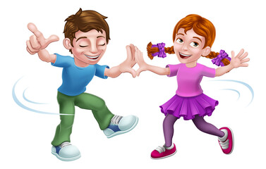 Boy and girl children cartoon kid characters happily dancing together