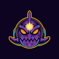 Vector illustration of Cute Piranha Fish Blue Purple with a headphone and big eye on the Purple Background. Hand-drawn illustration for mascot sport logo poster t-shirt printing. Vector Logo