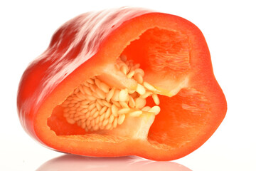 Red organic bell peppers, close-up, on a white background.