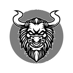 Vector illustration of Sketching Angry Bull with a big smile, beard, horn and sharp teeth on the White Background. Hand-drawn illustration for mascot sport logo poster t-shirt printing. Vector Logo
