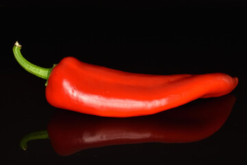 Red organic bell peppers, close-up, on a black background.