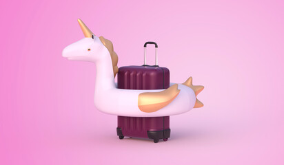 Suitcase with unicorn buoy on pink background