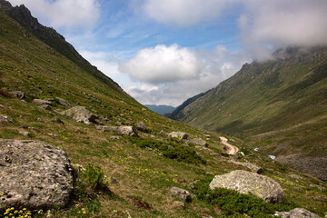 Snowy mountains that begin to melt and become green with spring and around