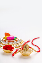 Indian festival Raksha Bandhan , Decorative Rakhi on white background