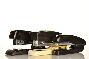 Stationery stapler, close-up, isolated on white.