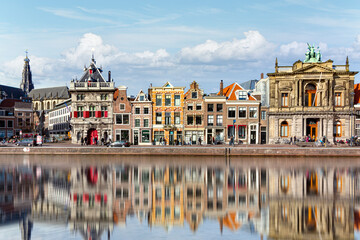 Haarlem canal view on the center city skyline along the canal, Netherlands