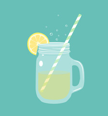 Cute lemonade jar illustration with lemon slice and straw. Fresh summer drink drawing. - Vector