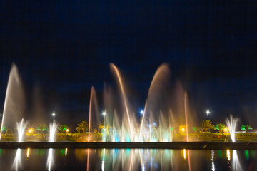 Bright high jets of singing and dancing fountains in the night sky on the embankment of the city of Batumi. Considered a number one attraction. Adjaria Autonomous Republic, Georgia, Eurasia.