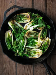 Cast Iron Skillet Fried Green Baby Bok Choy-top view