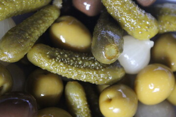 Delicious aperitif of olives and pickles of nice color and very good flavor