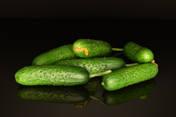 Fresh green cucumbers , close-up, isolated on black.