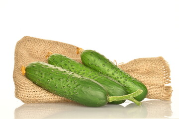 Fresh green cucumbers with a jute napkin, close-up, isolated on white.