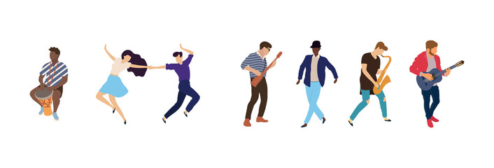 Dancing people vector isolated illustration. Musicians flat illustration